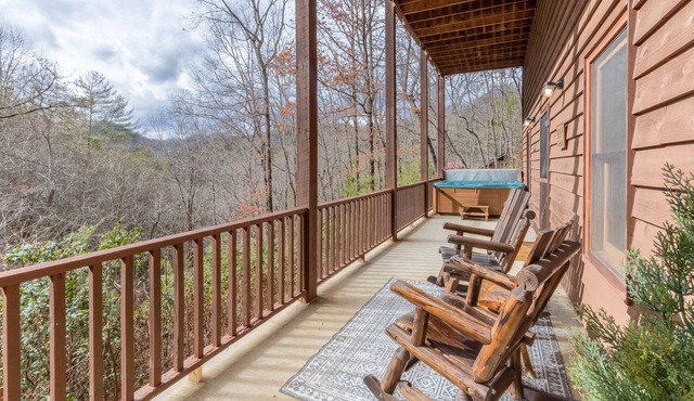 Dog-friend mtn home near pond with private hot tub, fireplace, decks, & firepit