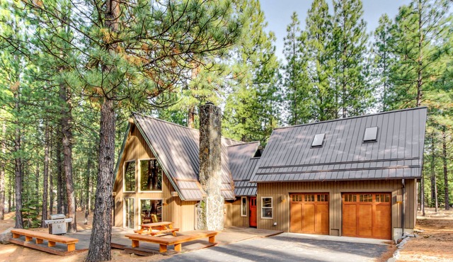 Dog-friendly A-frame-inspired home on 1/2 acre with pools, hot tubs & sauna