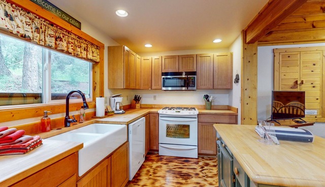 Dog-friendly cabin with mountain view, washer/dryer, gas grill, & deck