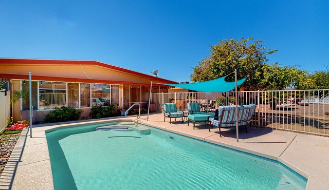 Dog-friendly home with private pool, yoga studio, fitness room & great patio
