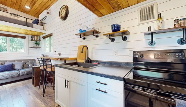 Dog-friendly tiny home with a patio, full kitchen, & TV