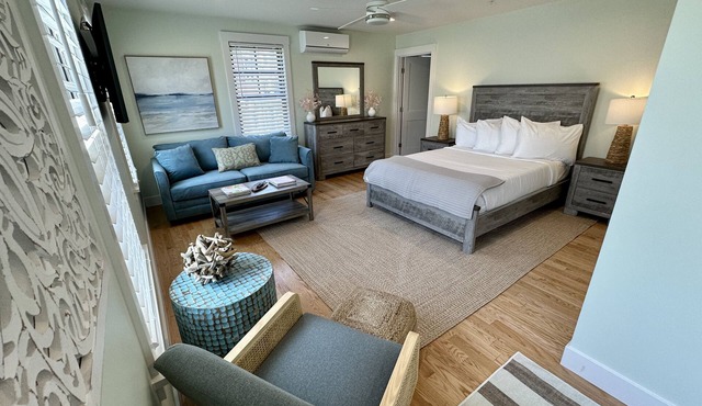 Downtown Newport, this gorgeous renovated suite off Historic Thames Street! Queen bed, pull-out sofa (sleeps 4), seating nook, ensuite glass walk-in shower, TV, mini fridge, microwave, coffee station, AC, off-street parking, steps to dining, wharfs!