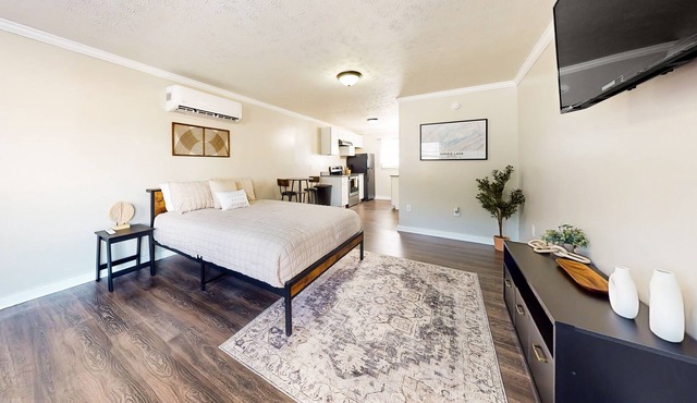 Downtown studio with full kitchen, BBQ area, firepit, fast WiFi, streaming, AC