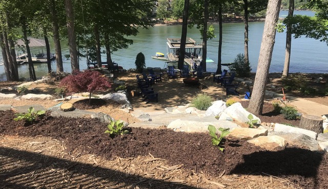 Dujardins waterfront lake Keowee home, with double dock on a deep, wide cove.