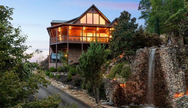 Elegant Waterfall Lodge with Stunning Views, Hot Tub, Fire Pit & Game Room