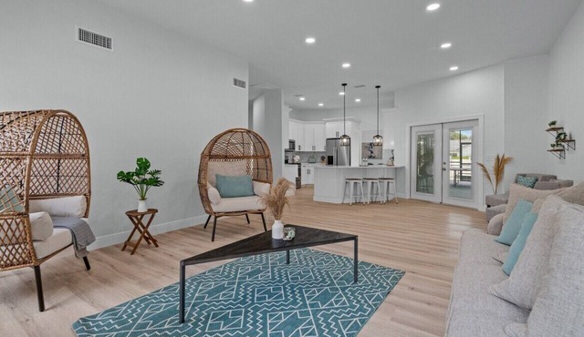 Enjoy a stylish experience at this chick and stylish pool house