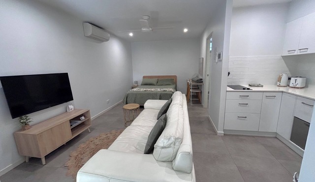 Entire studio with kitchenette, bathroom and outdoor area