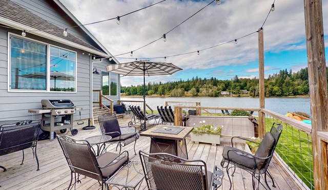 Entire waterfront property with hot tub, fire pits, patio & private beach access