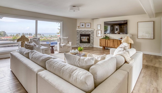 Fabulously Updated Ocean View Home with Sunroom, Game Room, Hot Tub, Fire Pit!