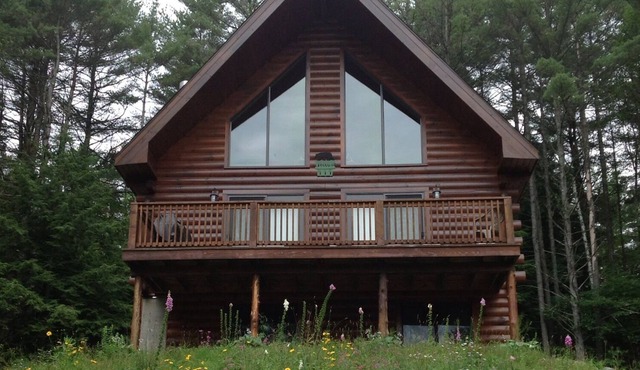 Family-friendly log cabin with sandy beach, kayaks, near Lake George