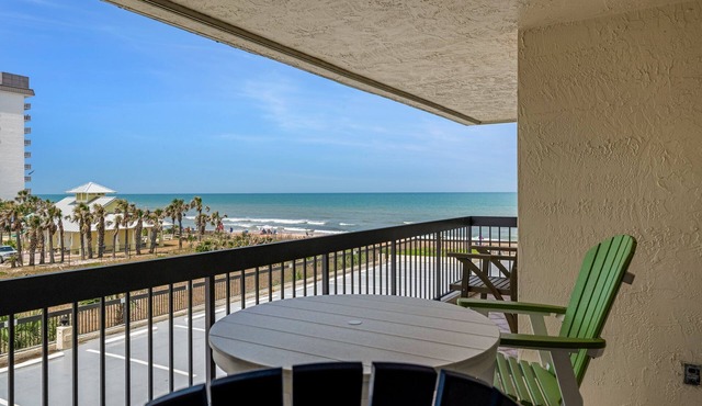 Family-friendly ocean view on no-drive Ormond with heated beachfront pool and garage