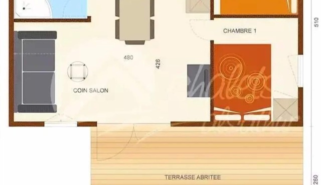 Flower Camping du Lac de la Seigneurie * - Chalet Savania PREMIUM46 34 m2 (2 bedrooms) + covered terrace of 13 m2 + TV + reversible air conditioning 6 people