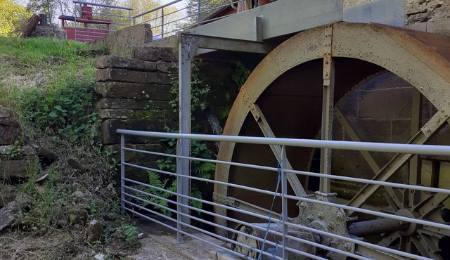Former flour mill with pond on wooded grounds