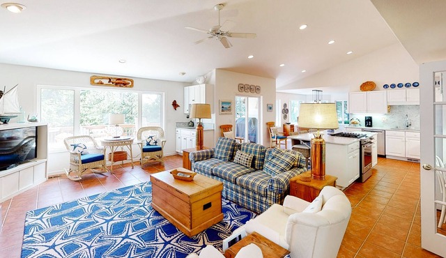 Friendly home with gas fireplace, private gas grill, & deck - walk to the beach!