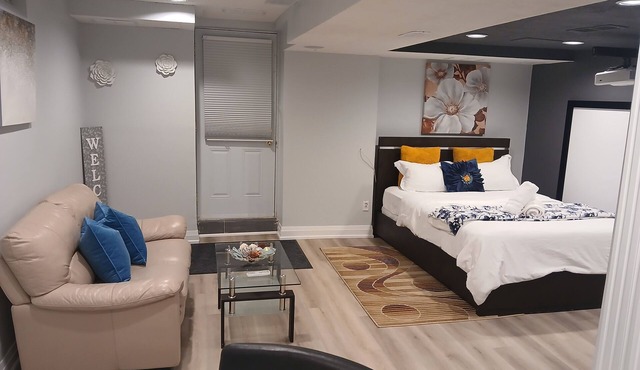 furnished basement studio, with1 queen bed, a kitchenette, and 1 bathroom. n