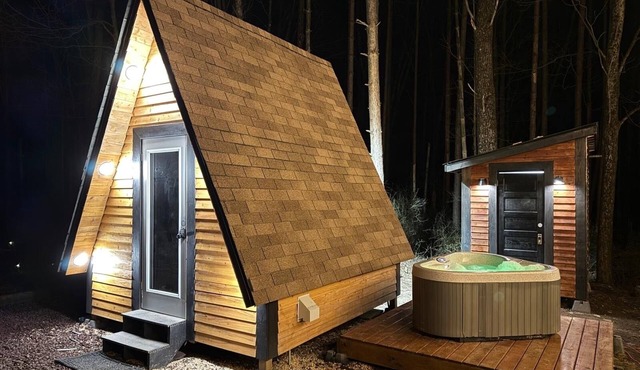 Glamp in this Cozy Tiny A-Frame Cabin: Electricity, Heating, AC, Wi-Fi & Hot Tub