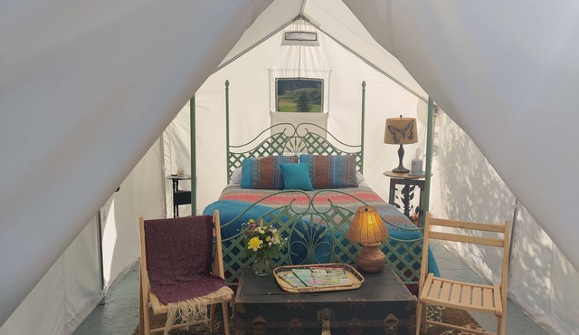 Glamping in the Gypsy Bungalow by the river, 2 miles from Quinn's hot springs.