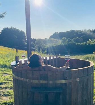 Glamping with outdoor wood-fired hot tub