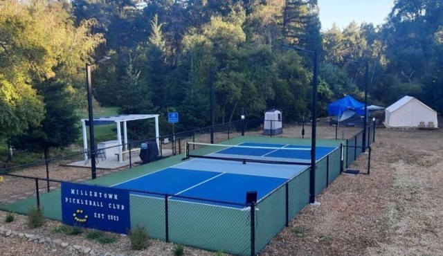 Glow in the dark Pickleball and Glamping in 16x14 canvas tent with Queen setup