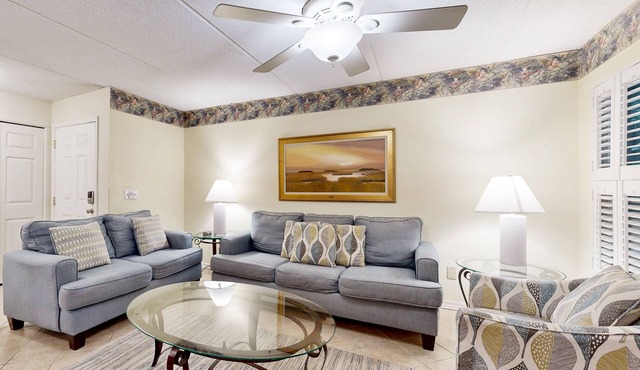 Ground-floor summer beach village condo with a great view plus patio & pool