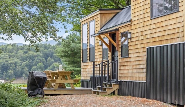 Haven Tiny House near Stowe with Hot Tub, Sauna, River & Mountain Views
