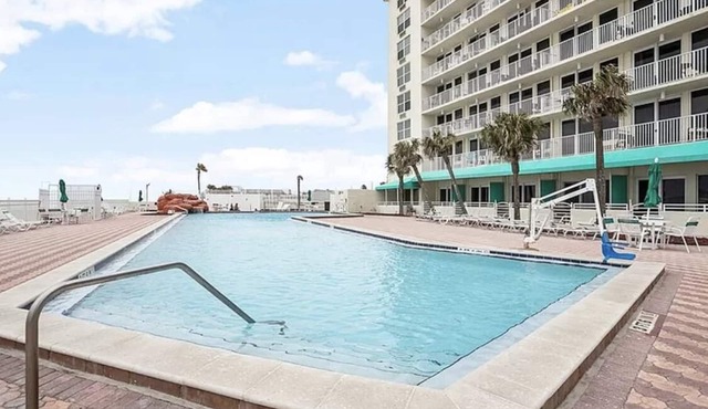 Heated pool. Right next to sunsplash park landshark grill and crabbys restaurant