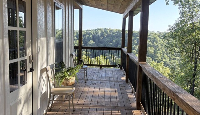 Hilltop Forest View with Large Windows, Covered Deck, & Private Hot Tub for Two!