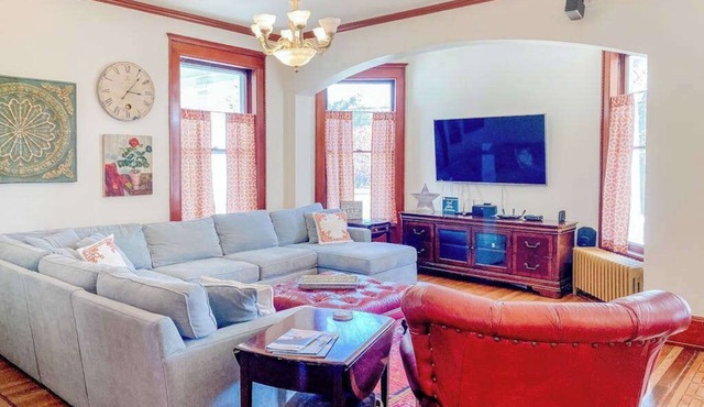 Historical dog-friendly home with fenced yard, grill, Ping-Pong, fireplace, & AC