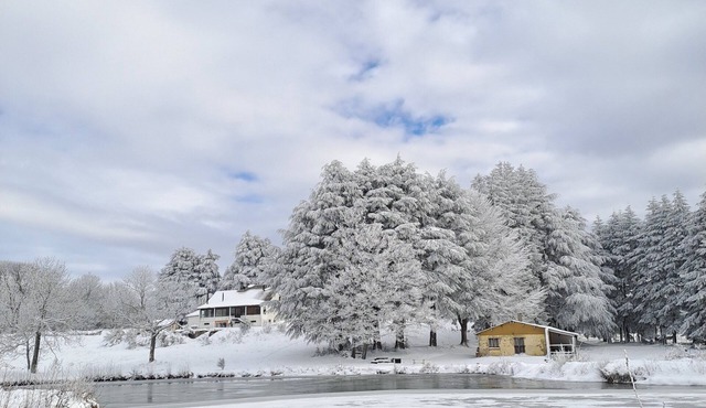 House overlooking private lake in mid-mountain setting. Peace and quiet in the heart of nature!