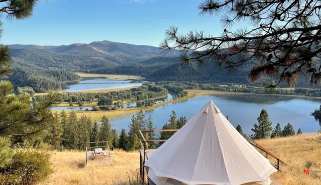 Idaho Getaways Beautiful Glamp tent with lakeview of Lake Coeurdalene & campfire