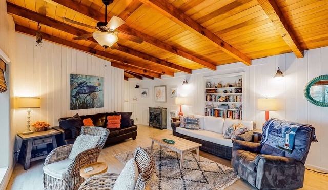 Impeccable oceanview home with private beach access & large deck