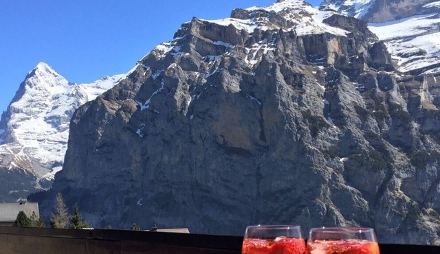 In idyllic Mürren - panoramic alpine view, balcony, garden with grill