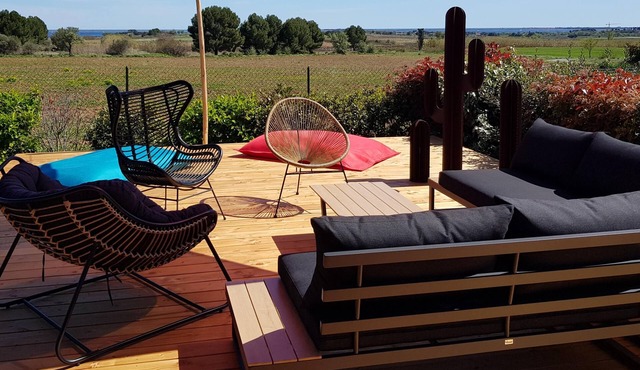 In the heart of a wine-growing estate, cottage with swimming pool, sea view and Thau lagoon