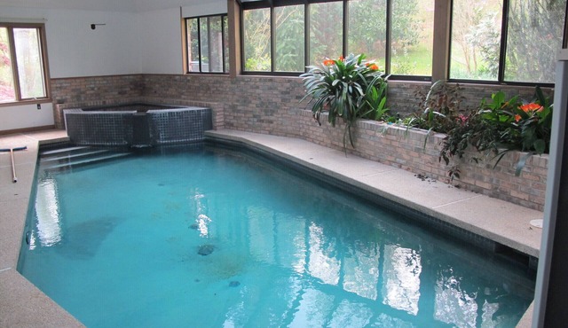 Indoor pool and spa in contemporary French home secluded in surrounding woods