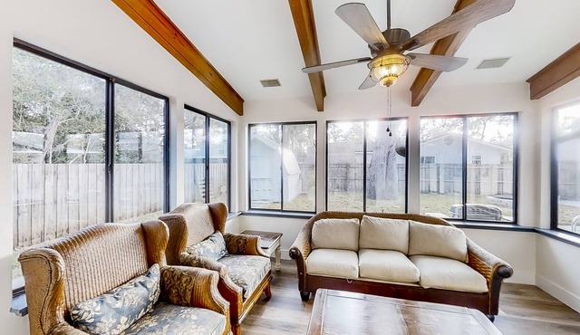 Inviting home with pool, full kitchen, enclosed yard, firepit, central AC, & W/D