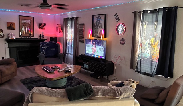 Karaoke, memorabilia, vinyl records, RGB lighting, instruments, garage, patio!