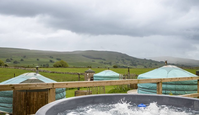 Kestrel Yurt sleeps up to 6 guests with hot tub and views across Wether Fell