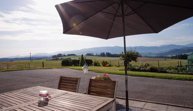 La Belle Ferme Dans la Prairie Face aux Alpes Suisses