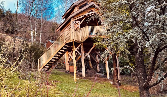 Lac'abane spa' bulleuse: perched cabin & spa at Lac Chambon!