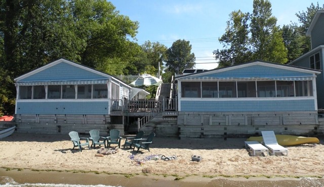 Lake Champlain lakefront cottages with beautiful mountain views.