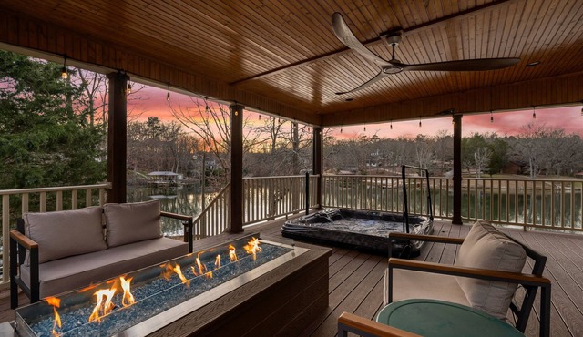 Lake House Fire Table Hot Tub Sunset