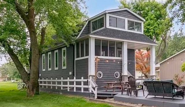 Lake house in Oak Harbor with a private beach