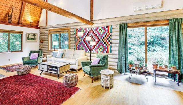 Lake Margaret Access: Boho Log Cabin w/Backyard