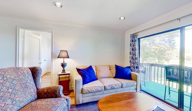 Lakefront dog-friendly condo with lake views, pool, BBQ area, balcony, elevators