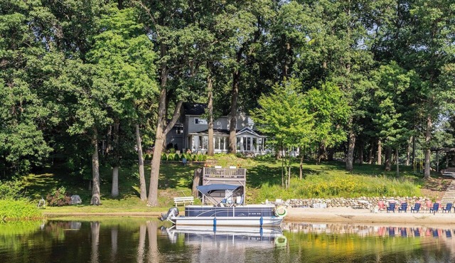 Lakefront Home with Private Beach & Pontoon Boat Sleeps 20+