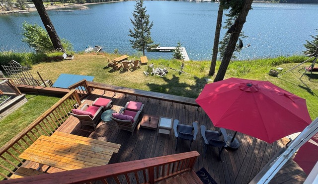 LAKESIDE LODGE. GARFIELD BAY WATERFRONT. TWO DECKS. DOCK. GREAT MOUNTAIN VIEWS.