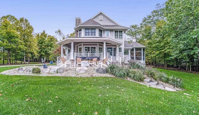 Lakeview home with beach access, private pickleball court, firepits & fireplace