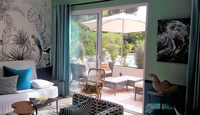 large studio with terrace facing pool, spa in the garden