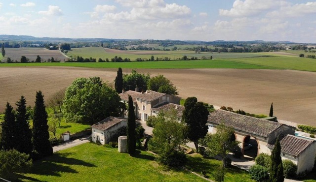 Lauragais farmhouse in the countryside, view of the Pyrenees
