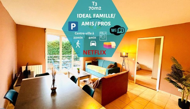 *Le Golden Blue* Magnifique T3 à 5min du centre avec parking gratuit